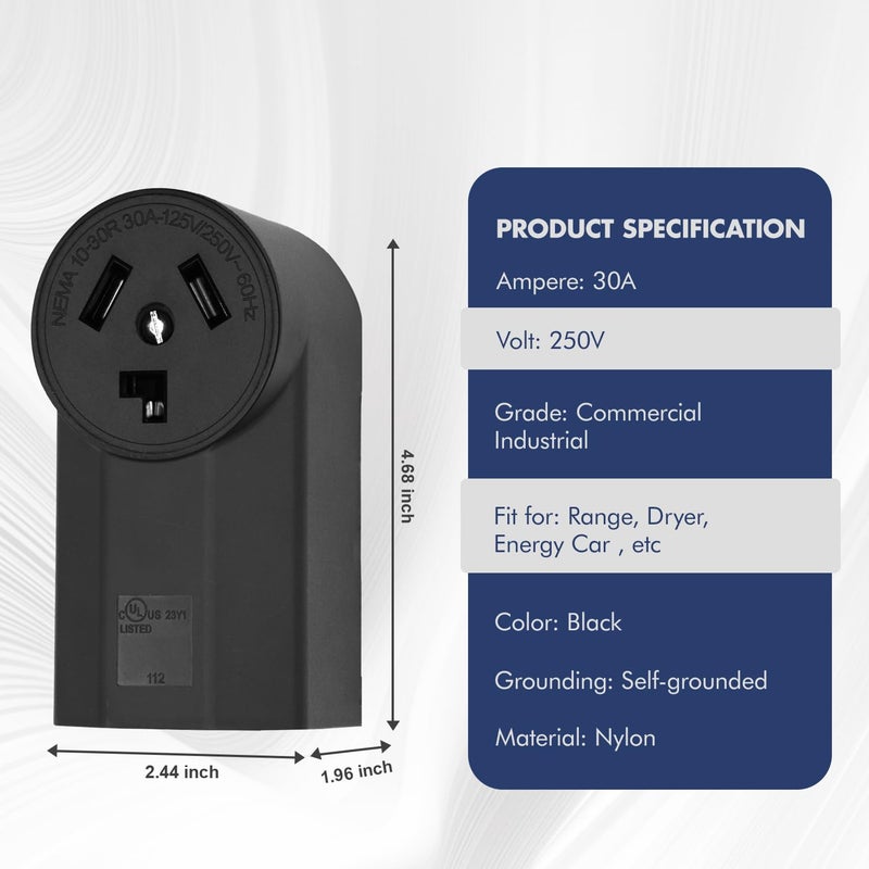 micmi NEMA 10-30R Receptacle 3-Pole 3-Wire Surface Mount Range Power Receptacle, Industrial Grade 30A 125/250V UL Listed, Black (NEMA 10-30R) - Image 3